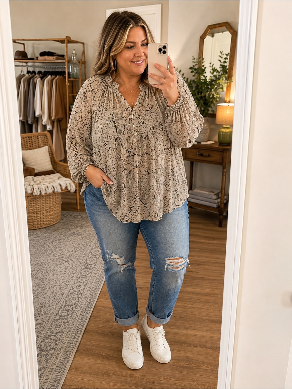 Relaxed V-Neck Snake-Print Blouse - Beige